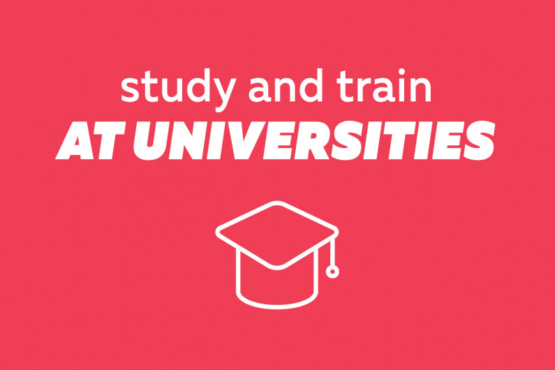 Text reads "Study and train at universities"