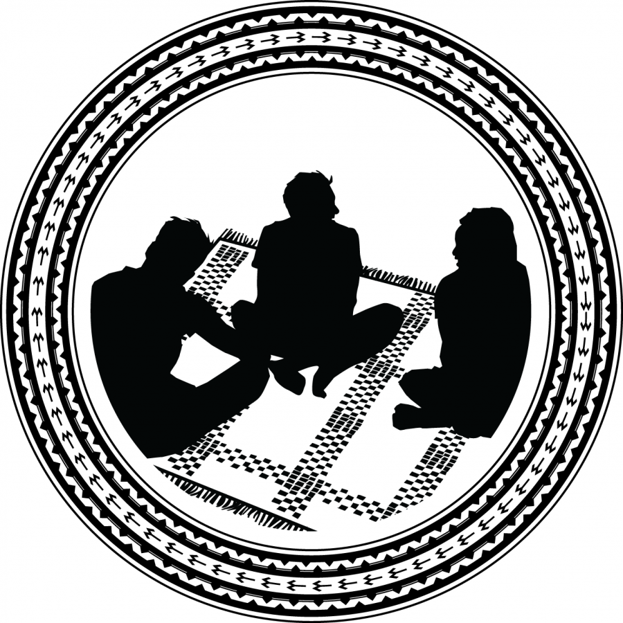 Malaga emblem featuring three people seated on a mat