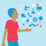 An illustration of a man staring at some icons floating above his hand. The icons represent an axe, van, phone, lightning bolt, apple, bridge, computer, beaker, health sign, surrounded by red and white bubbles. The colours are light blue, blue, red and br