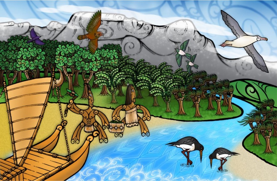 Creative illustration of historic Aotearoa and its people, flora and fauna