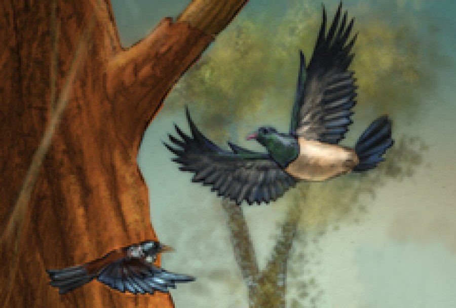 Illustration of two birds flying past a tree